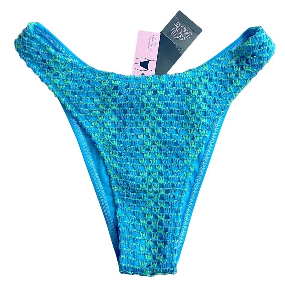 Wild Fable Crochet Mid Rise Ultra High Leg Cheeky Bikini Bottom Small Blue Green